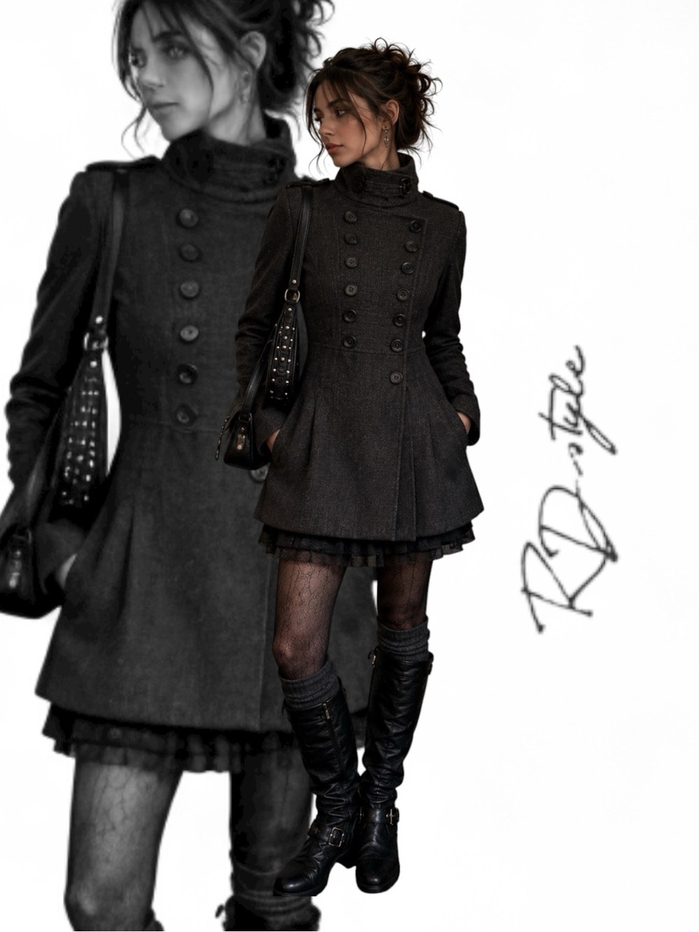 RD Style Wool Blend Military Coat – High Collar Houndstooth Napoleon Y2K Small
